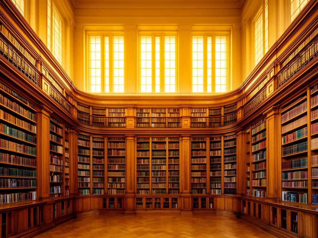 Stilizovana akademska biblioteka sa visokim drvenim policama punim knjiga, toplo zlatno svetlo kroz visoke prozore, atmosfera etablirane obrazovne institucije