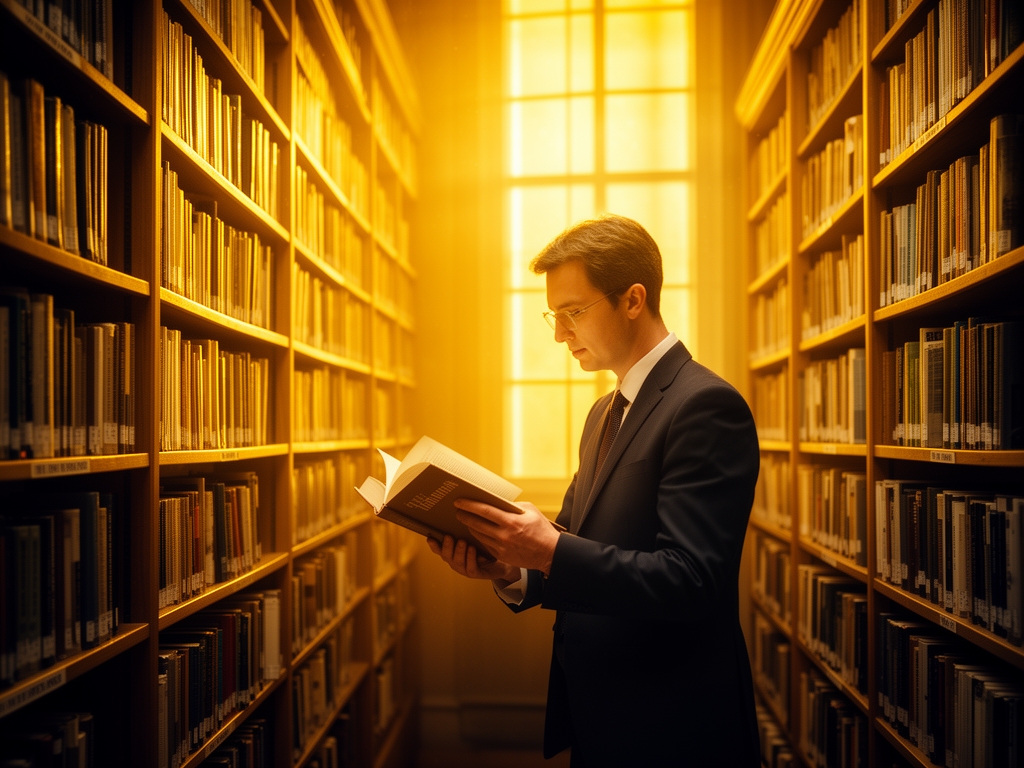 Osoba istrazuje naucne materijale u biblioteci sa visokim policama ispunjenim knjigama, toplo zlatno svetlo probija kroz prozor, kinematografska scena ucenja i znanja