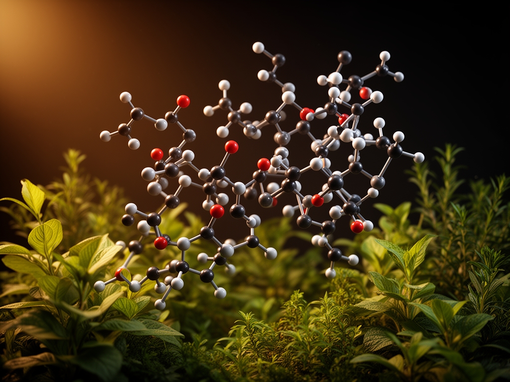 Apstraktna kompozicija molekularnih struktura i prirodnih biljnih elemenata, toplo ambijentalno svetlo na tamnoj pozadini, kinematografski stil