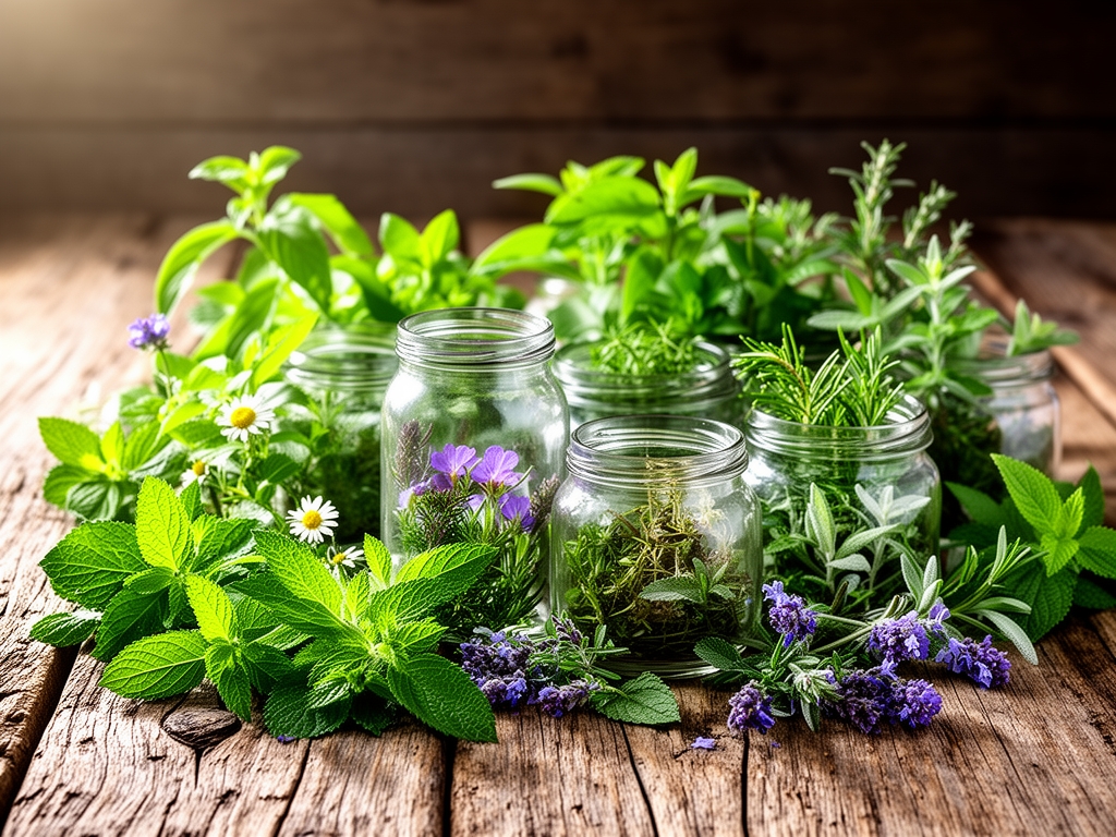 Raznoliko sveze bilje i biljni ekstrakti u staklenim teglicama na rustikanom drvenom stolu, prirodno bočno svetlo naglasava teksturu listova i cveta