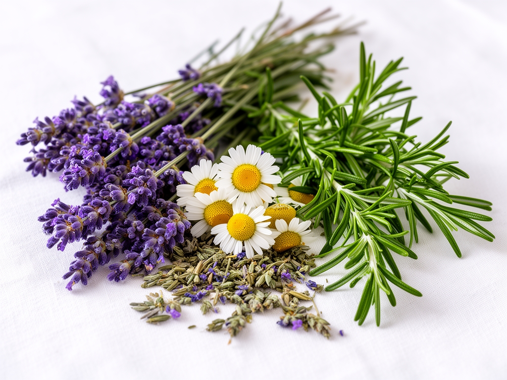 Raznoliko suvo medicinal bilje rasporeno na belom platnu: lavanda, kamilica, rosemary, apstraktna naturalna fotografija
