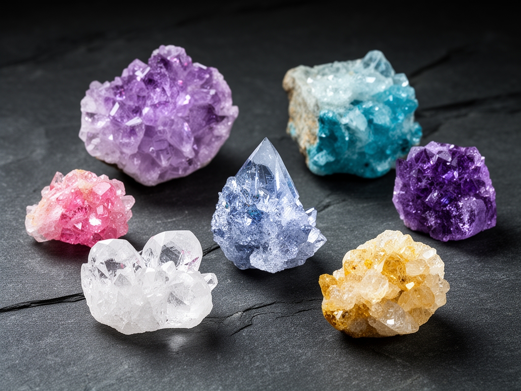 Naturalni kristalni minerali razlicitih oblika i boja na tamnoj kamenom podlozi, apstraktna naucna kompozicija